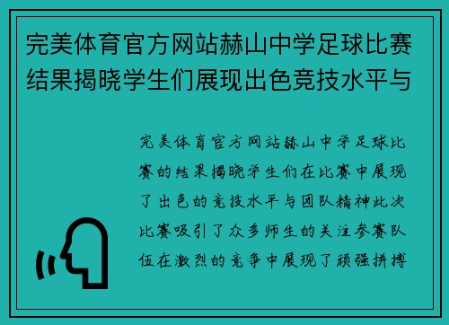 完美体育官方网站赫山中学足球比赛结果揭晓学生们展现出色竞技水平与团队精神